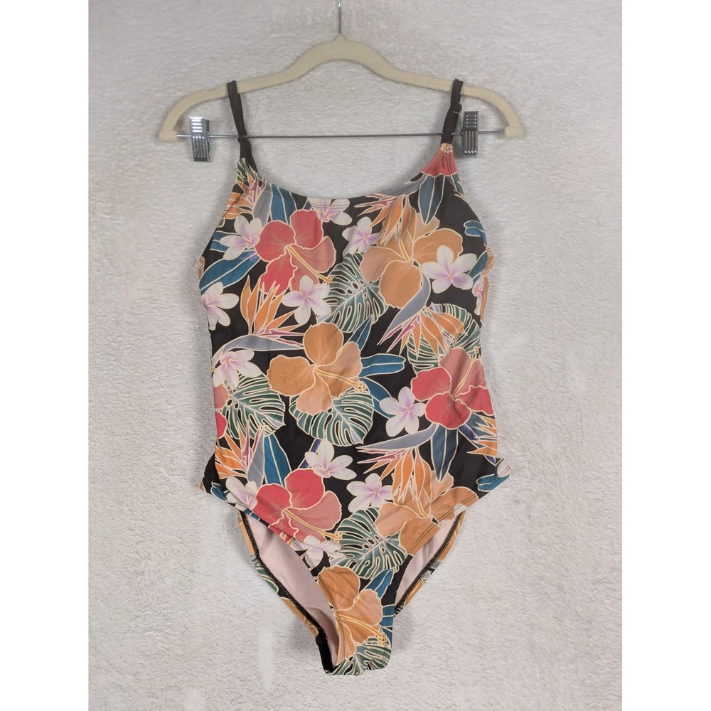 Hurley One Piece Swimsuit Women's Medium Black Orange Tropical Strappy Back